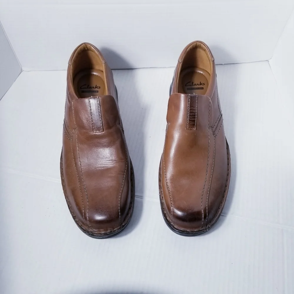 CLARKS COLLECTIONS MEN'S STEP LOAFER BROWN LEATHER SOFT CUSHION SIZE 10.5